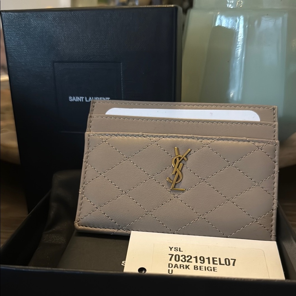 Saint Laurent Quilted Card Holder in Dark Beige